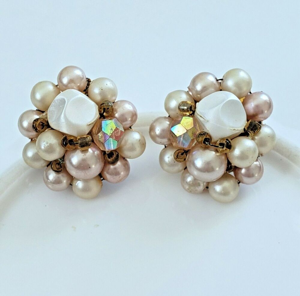 Vintage Cluster Earrings Pink Faux Pearl Classic Midcentury Clip Ons Retro Japan
